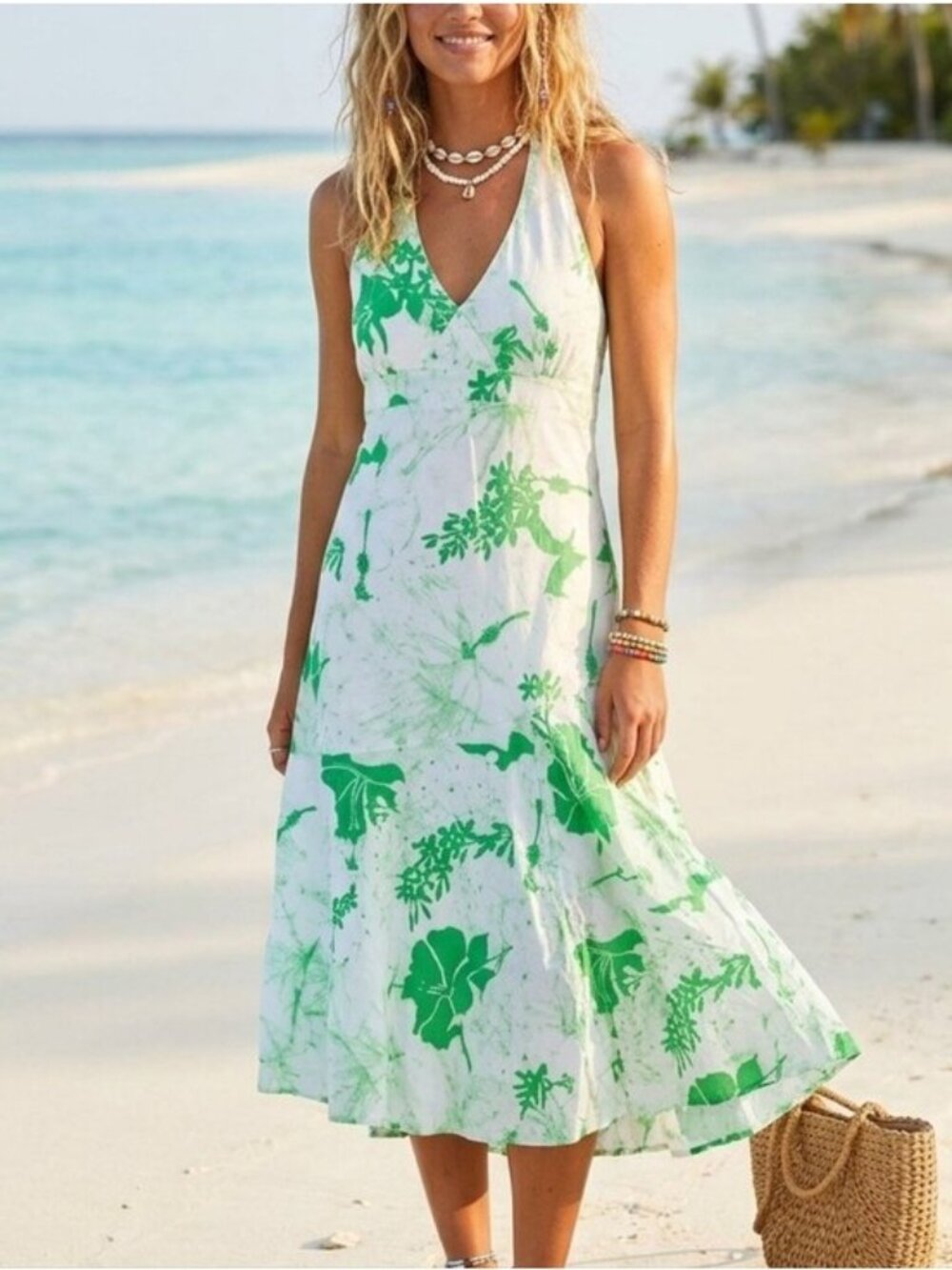 Roxy White Green Tropical Floral Cotton Halter Dress Small Drop Waist Flouncey